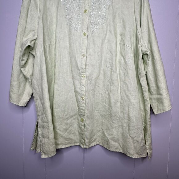 Lucy & Laurel Woman Plus Size 2X Green Blouse 100% Linen Button Up Embroidered - Picture 4 of 12
